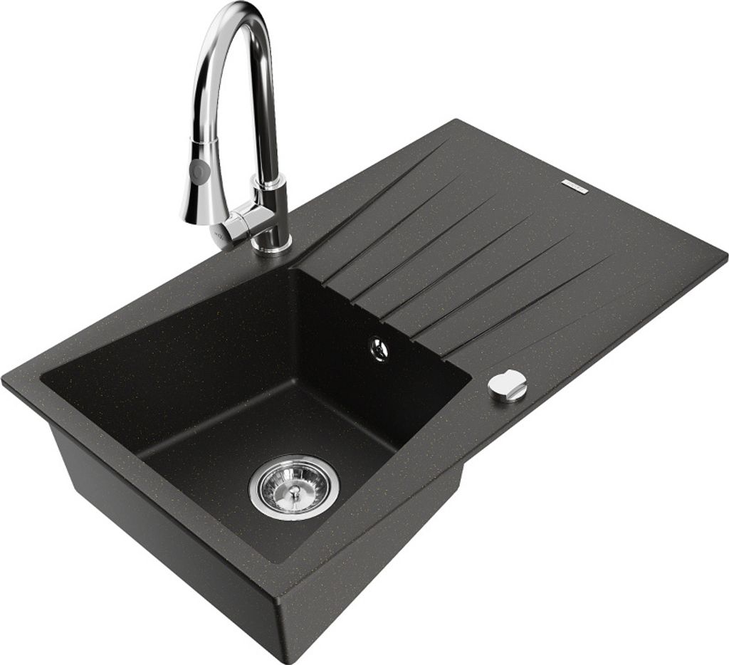 Mexen Cesar 1 Becken-Granitspüle mit Abtropffläche und Mischbatterie Elia, Schwarz/Gold metallisch - 6514-75-670101-00