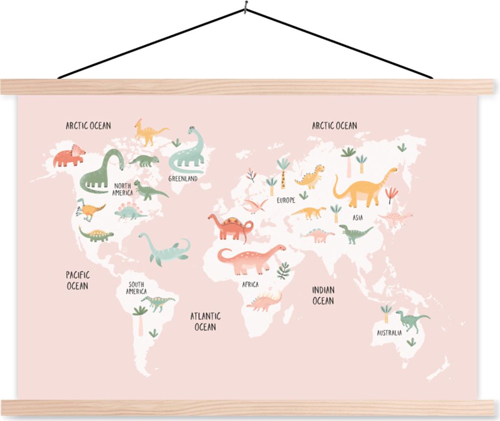 MuchoWow Textilposter Weltkarte - Kinder - Dinosaurier 120x80 cm mit holzfarbenen Rahmen - Aufhängeset