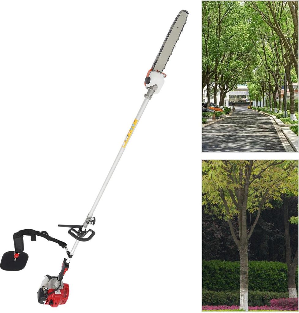 Benzin Hochentaster - Teleskop Kettensäge - 43 cm³ - Schwert 30 cm - Reichweite 2,4–3,5 m - 1,25 kW - 6500–8500 U/min - Rot
