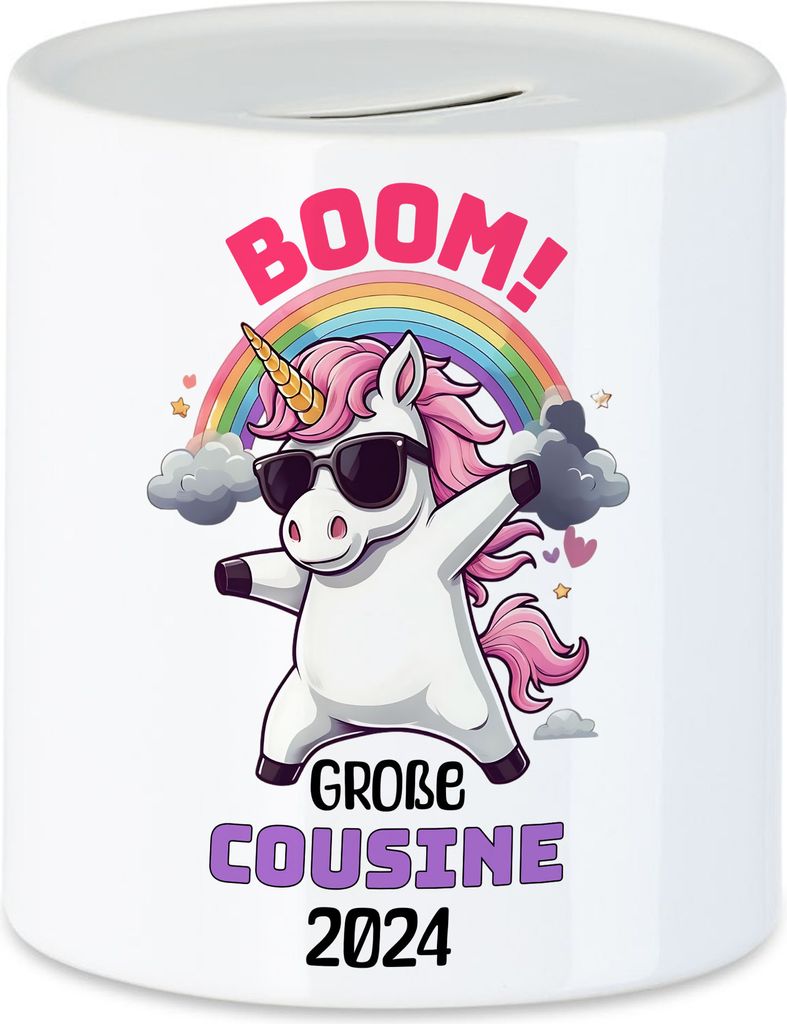 Boom Große Cousine 2024 Spardose Geschenk Einhorn Familienfreude Babyparty Überraschung Cousine