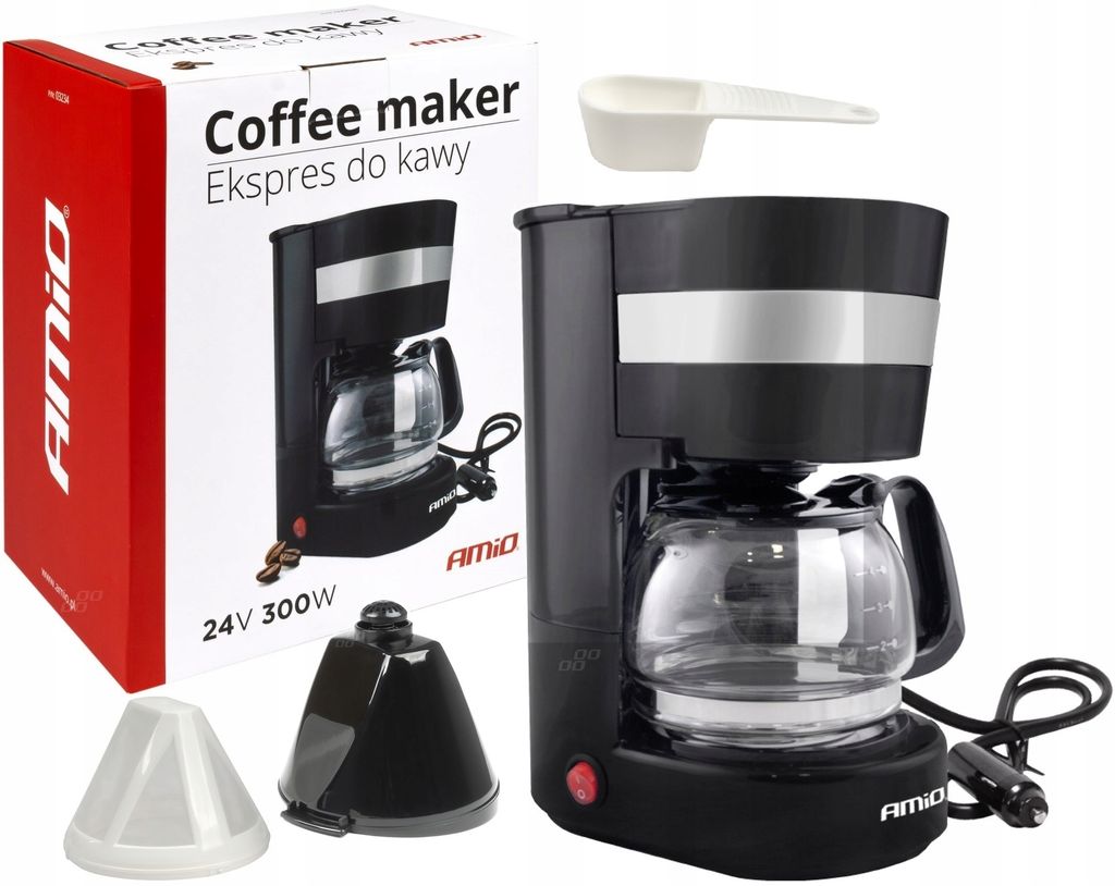 A coffee maker and its packaging are displayed together.