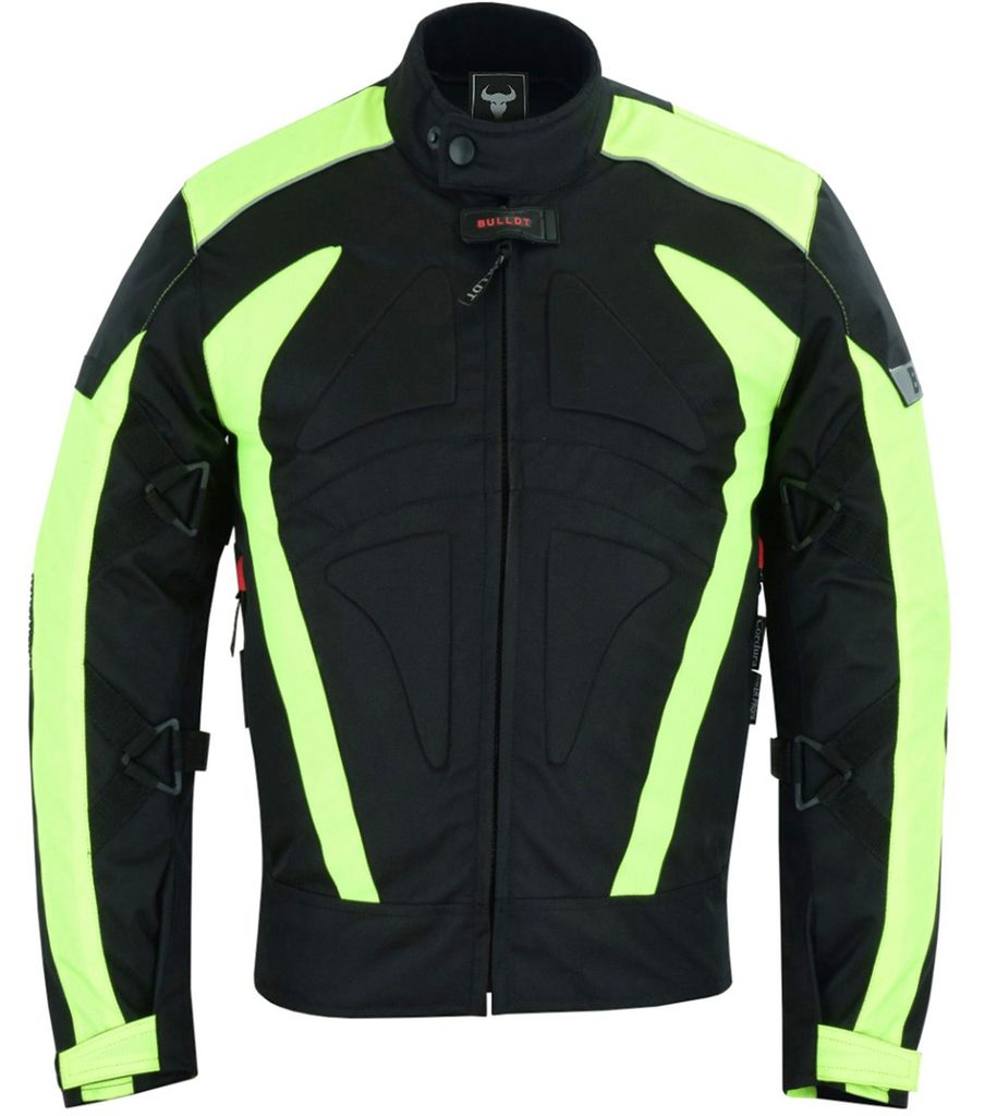 Herren-Motorradjacke in Grün, Vorderansicht. Gefertigt aus Cordura-Polyester 600D und wasserabweisendem Nylon, mit Reißverschluss- und Klettverschlüssen. Ausgestattet mit Protektoren an Armen, Schultern und Rücken.