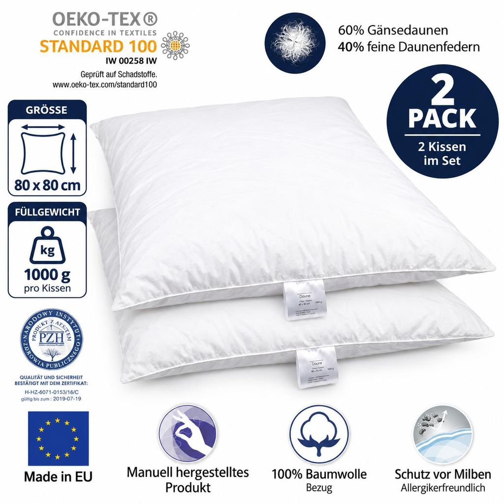 2-er Set | Kopfkissen 80x80 cm | Füllung: 1500 Gramm Daunen Produktbild 