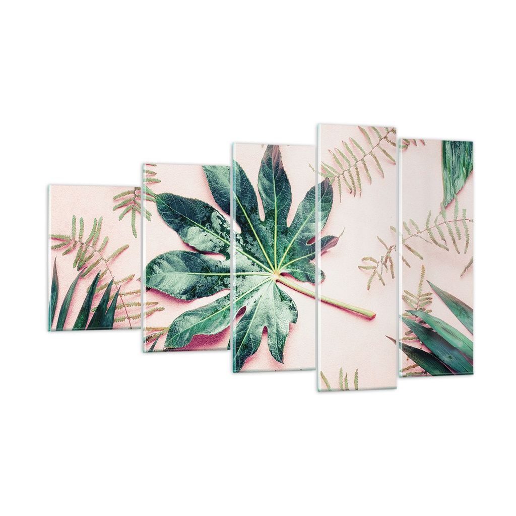 Bilder auf glas - 5 Teile - Blatt Tropisch Palme - 100x60cm - Glasbilder - Wandbilder - Bilder - zum Aufhängen bereit - Wanddekoration aus Glas - ...