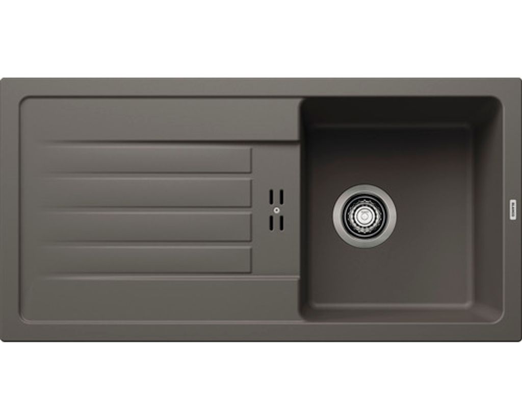 A top-down view of a gray kitchen sink with a drain and faucet.