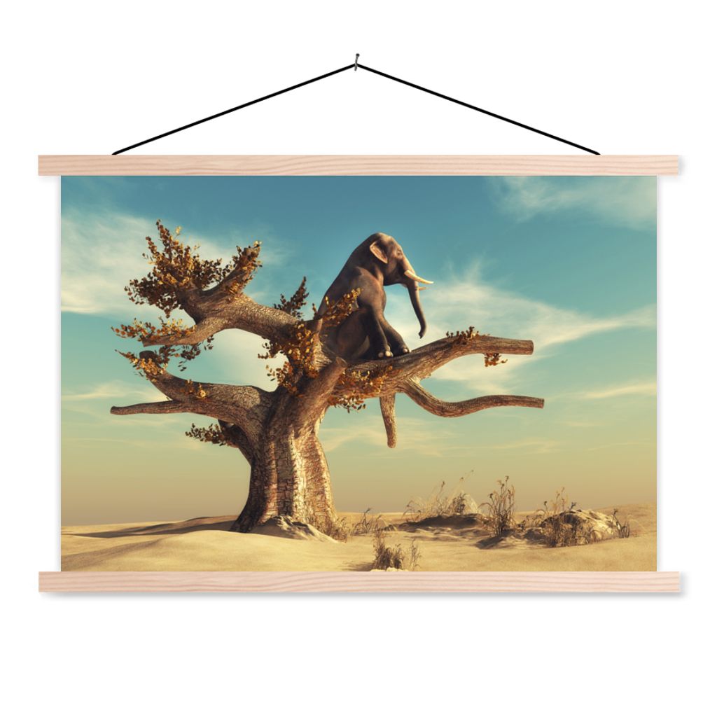 MuchoWow Textilposter Elefant - Baum - Natur - Wüste 120x80 cm mit holzfarbenen Rahmen - Aufhängeset
