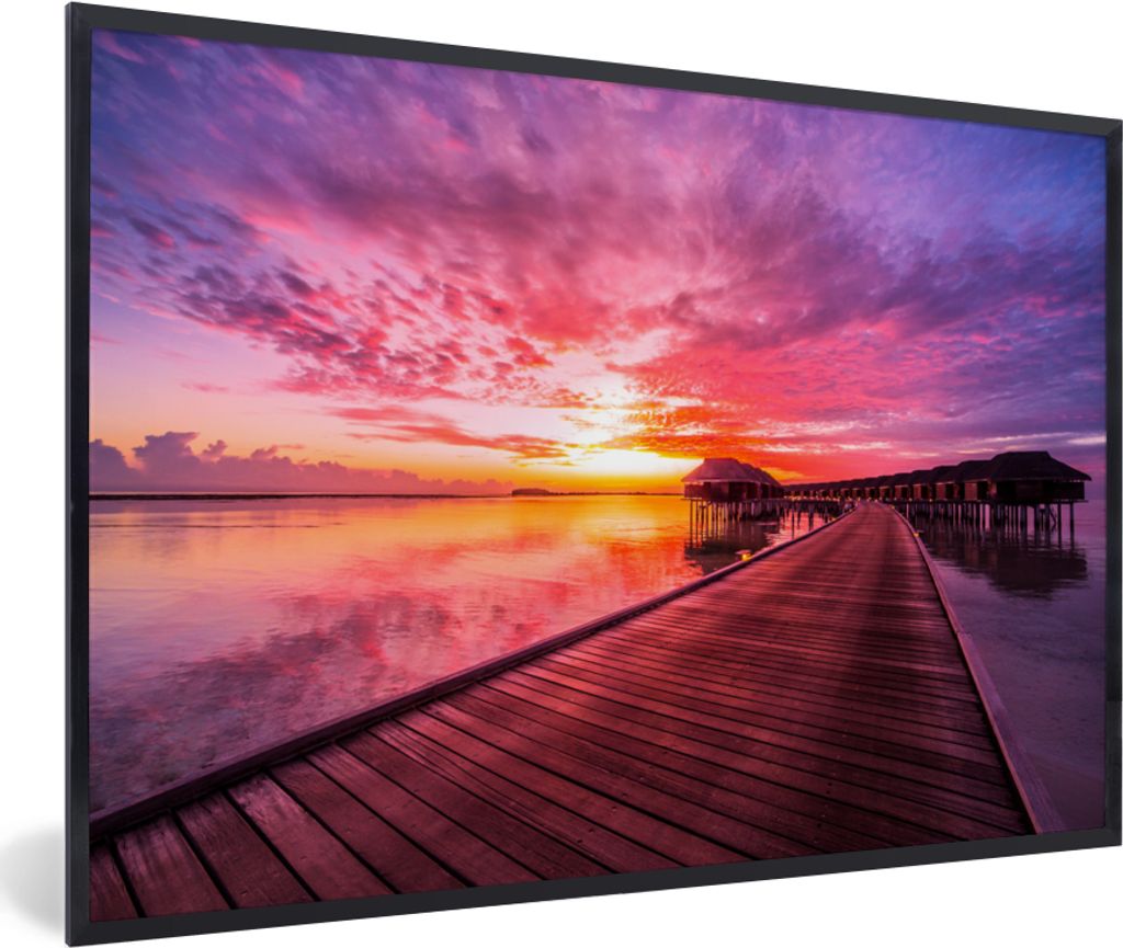 MuchoWow Gerahmtes Poster Steg - Wasser - Sonne - Rosa - Horizont 60x40 cm - Poster mit Schwarzem Bilderrahmen Wandposter Rahmen Foto Bilder - Pr...