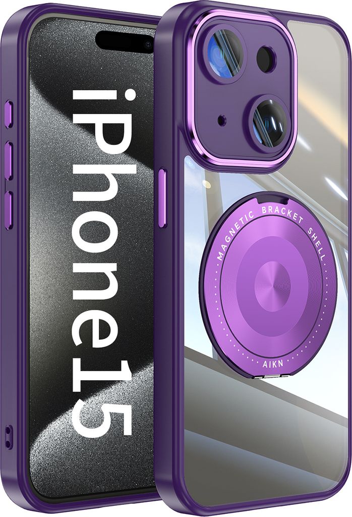 Handyhülle für iPhone 15 Transparent Militärschutz mit Magnetring Ständer und Kameraabdeckung Lila