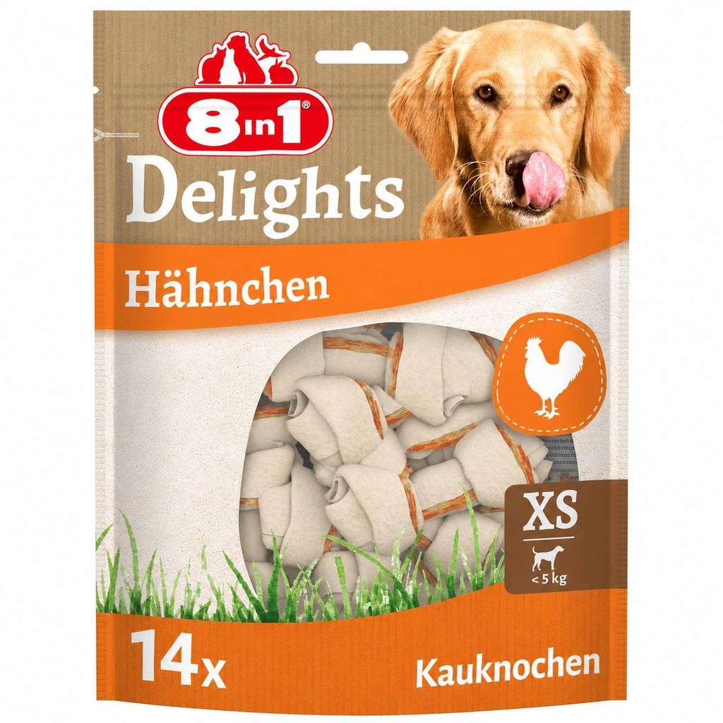 8in1 Delights Chicken Knochen XS - gesunde Kauknochen für mini Hunde, hochwertiges Hähnchenfleisch eingewickelt in Rinderhaut, 14 Stück