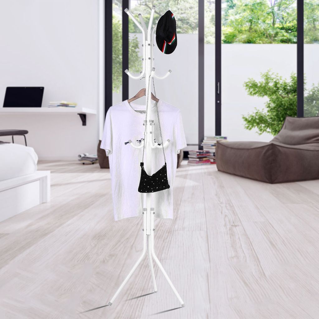 Multi Hook Metal Coat Hat Rack Tree Stand Clothes Bag Hanger Organizer for Home Bedroom (White)