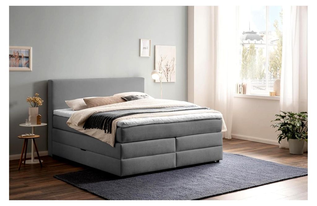 Loft Boxspringbett 160x200 mit Bettkasten, 7-Zonen Taschenfederkernmatratze und Visco Topper in Hellgrau, H2 und H3, Polsterbett mit Stauraum