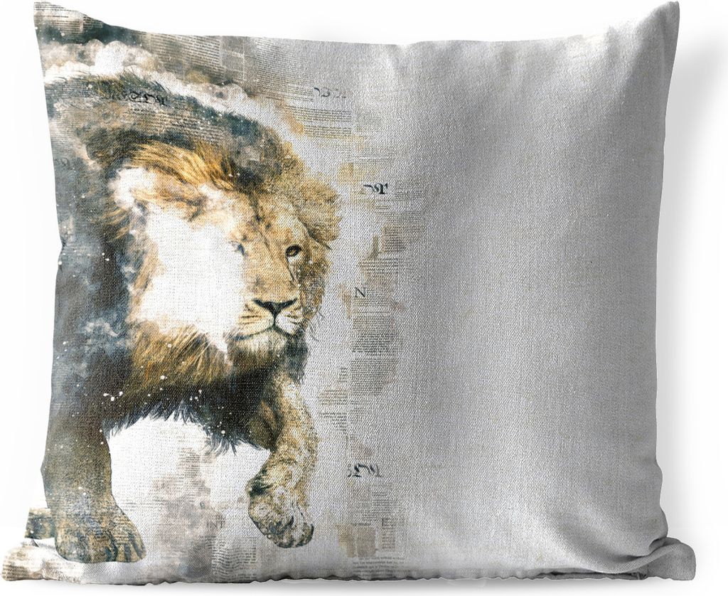 MuchoWow Outdoor Kissen - Löwe - Zeitung - Farben - 60x60 cm - Wetterfest - Lounge Kissen - Dekoration - Schlaf Kissen