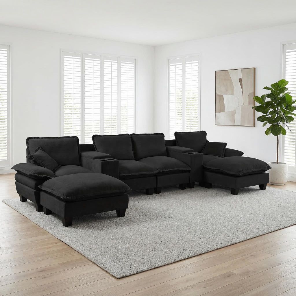 Modulare Cloud-Couch schwarz U-Form Chenille Sofa mit zwei Stauraum-Konsolen Getränkehalter USB-Anschluss 2 Ottomanen Wohnlandschaft XL bis 180kg
