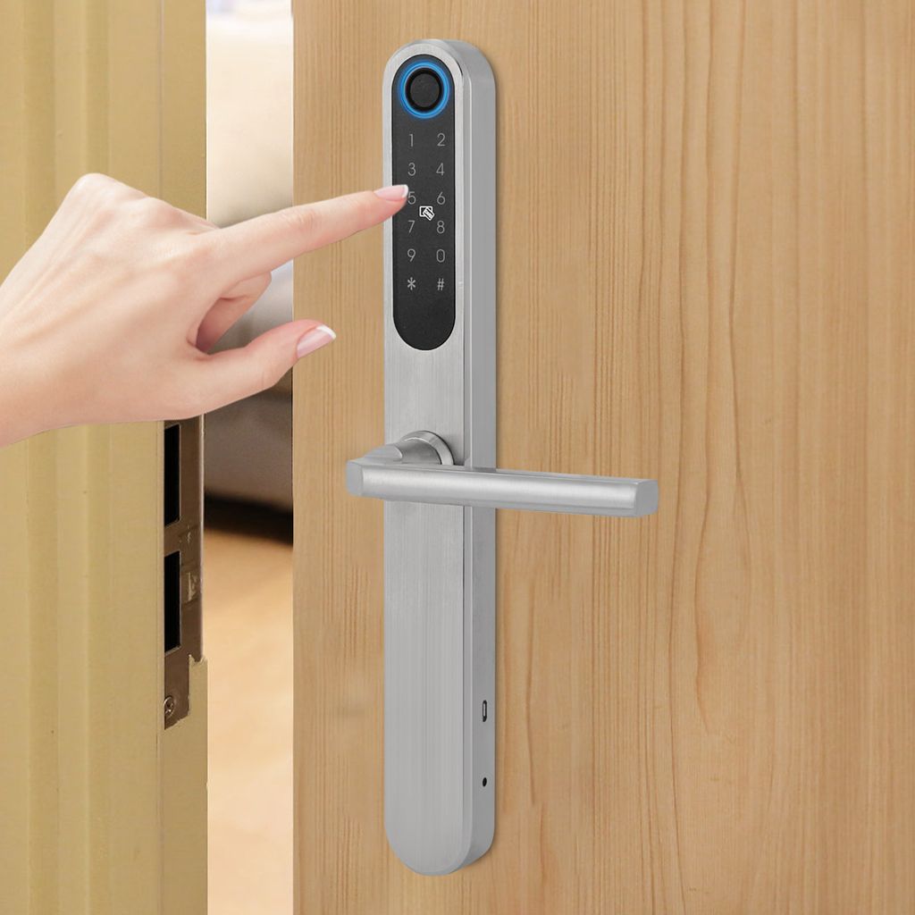 Fingerabdruck intelligentes Türschloss mit Code Schlüssel IC-Karten APP silber