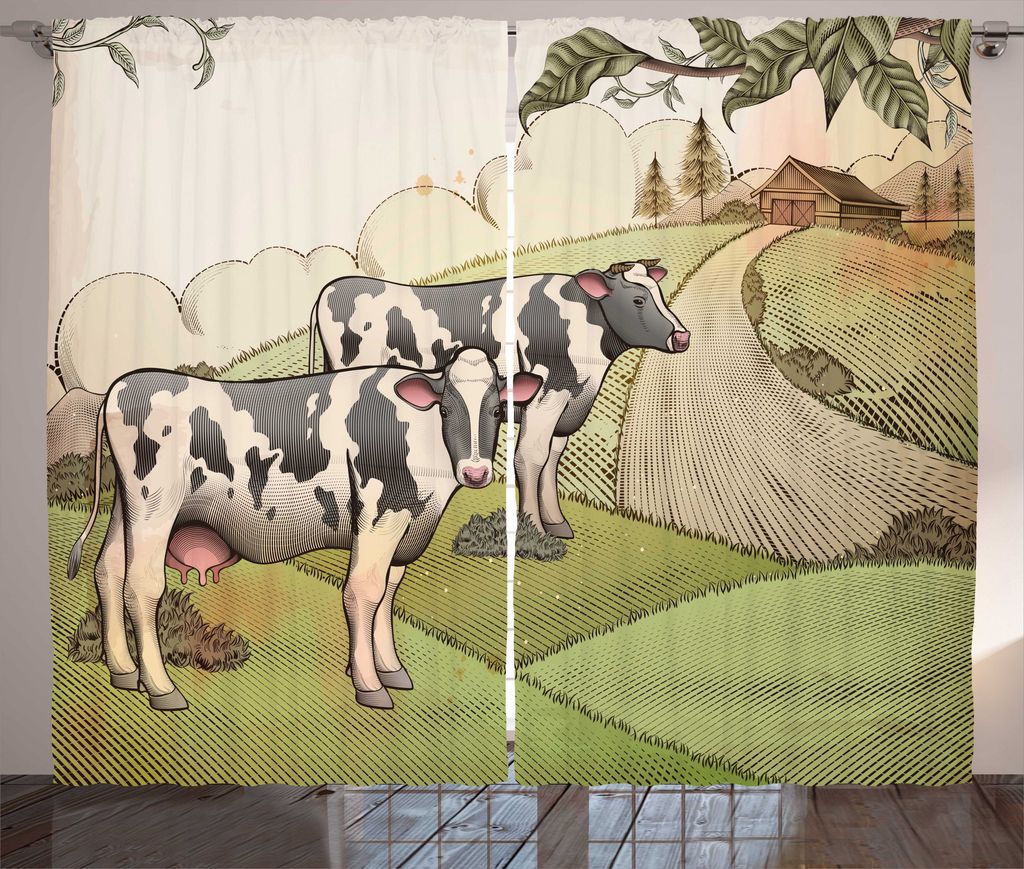 ABAKUHAUS Bauernhoftier Rustikaler Vorhang, Milchkühe Land, Wohnzimmer Universalband Gardinen mit Schlaufen und Haken, 280 x 175 cm, Mehrfarbig