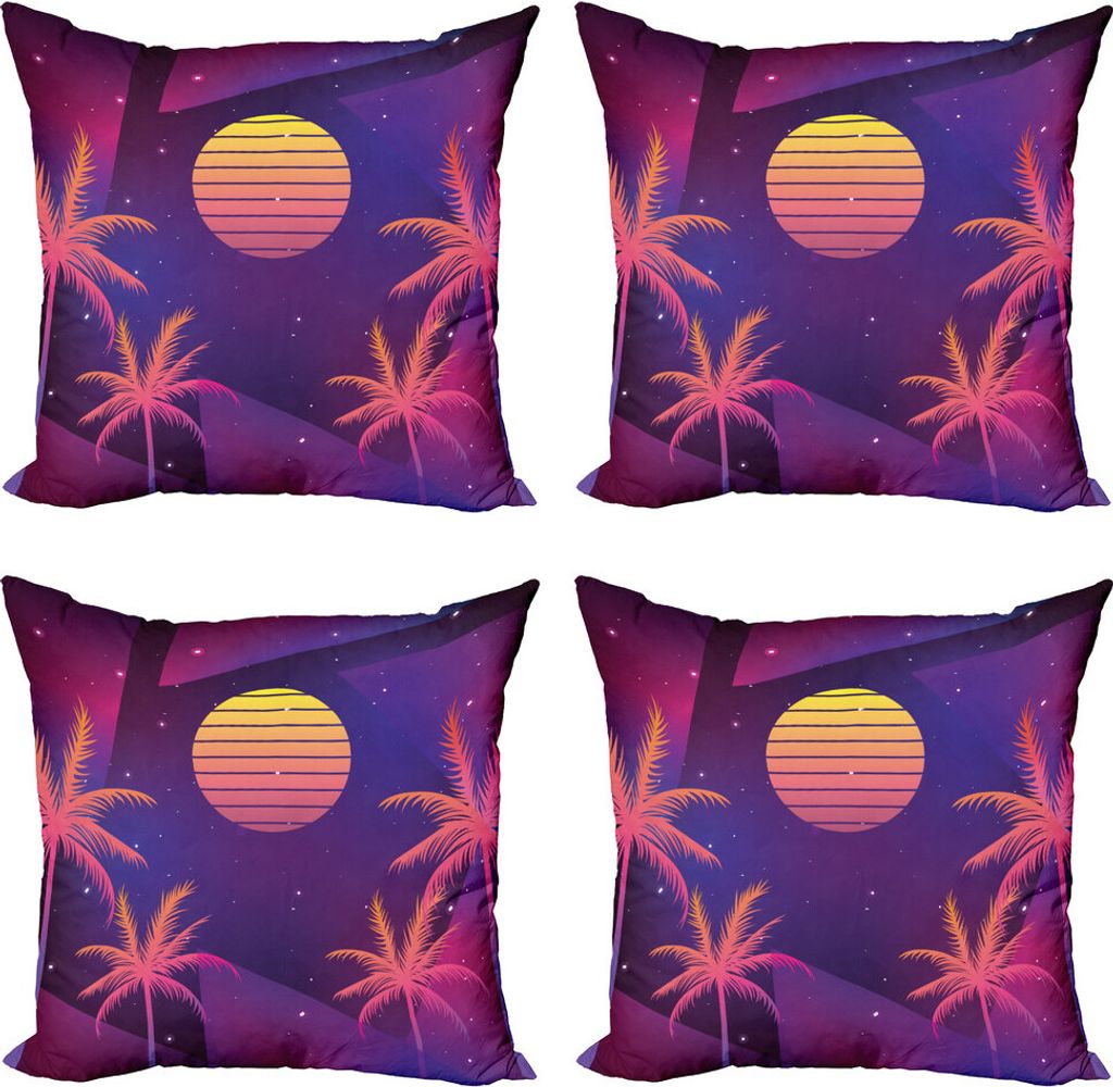 ABAKUHAUS Tropisch Kissenbezug Set (4 Stück), Palms Sun and Stars, Moderner Doppelseitiger Digitaldruck, 60 cm x 60 cm, Mehrfarbig
