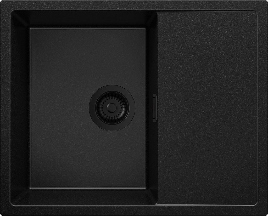 A top-down view of a black kitchen sink with a drainer.