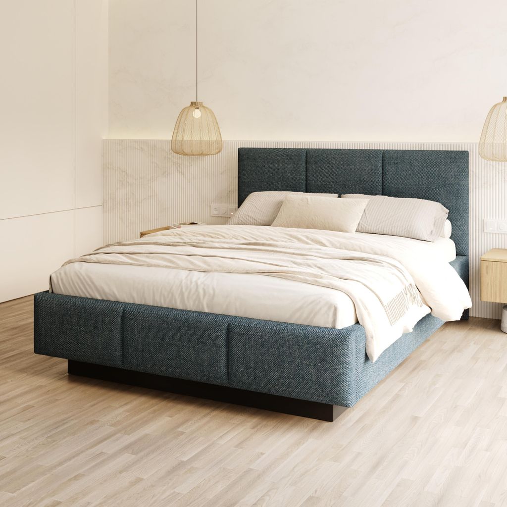 FDM Bett ALMADA 120x200 cm Polsterbett mit Lattenrost aus Metall Bettkasten Stauraumbett Samt Ottawa blau