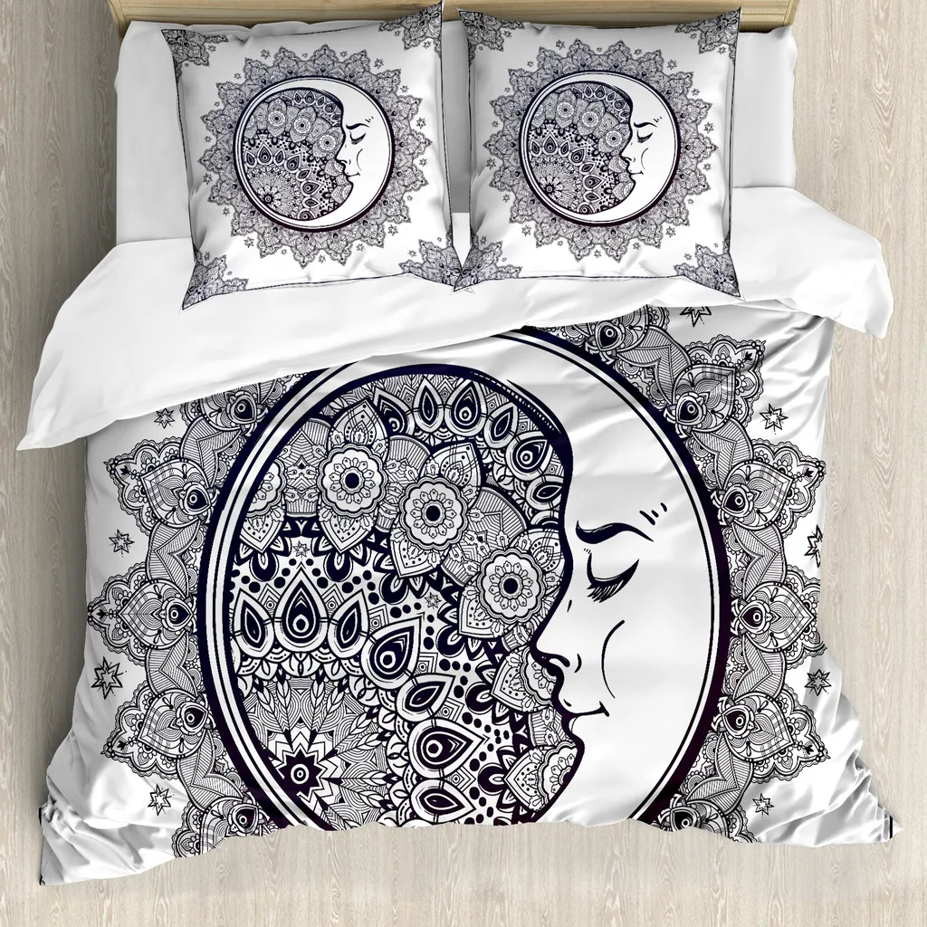 ABAKUHAUS Copripiumino Zodiaco, Boho Stella-Luna-Mandala, Antiacaro Adatto a chi soffre di allergie con federe, 200 cm x 200 cm - 80 x 80 cm, Blu scuro Bianco
