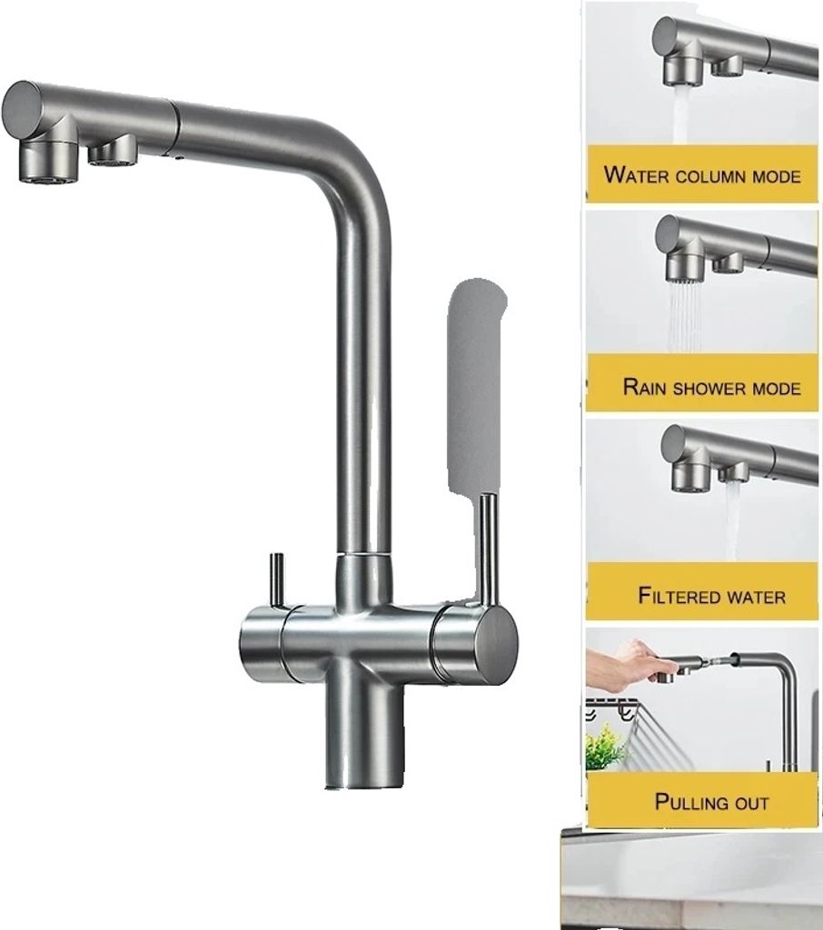 Ziehen Sie die Küchenarmatur herunter, Dual-Handle, mehrere Wasser-Modi, Waffen-Grau
