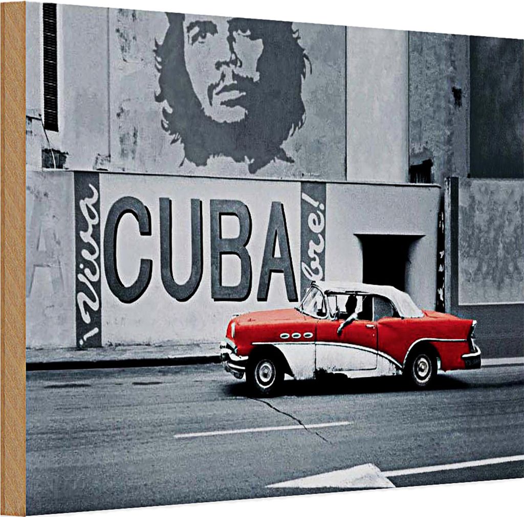 Holzschild 30x20cm Kuba Wandmotiv Che Guevara Auto rot-weißer Oldtimer Havanna