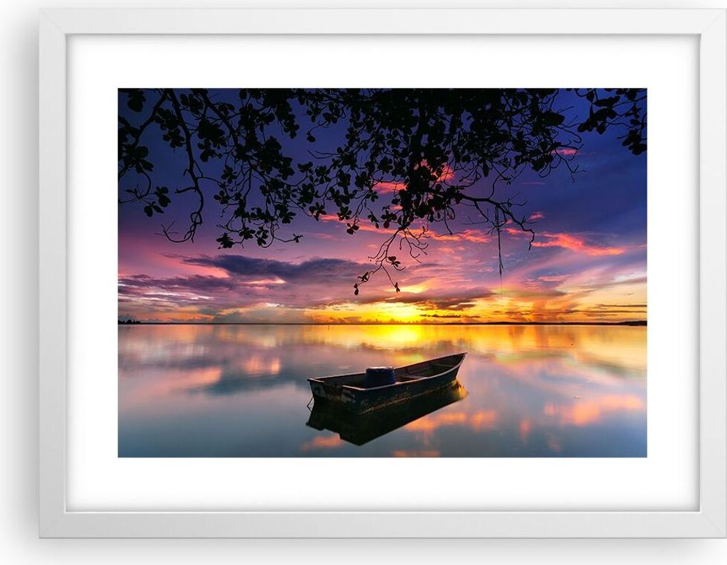 Gerahmtes Poster - Weißer Rahmen - Boot Sonnenuntergang See Himmel - 40x30 cm - Wand Bild - Wanddeko - Wandbilder - Wandposter - Bilderrahmen - Bi...