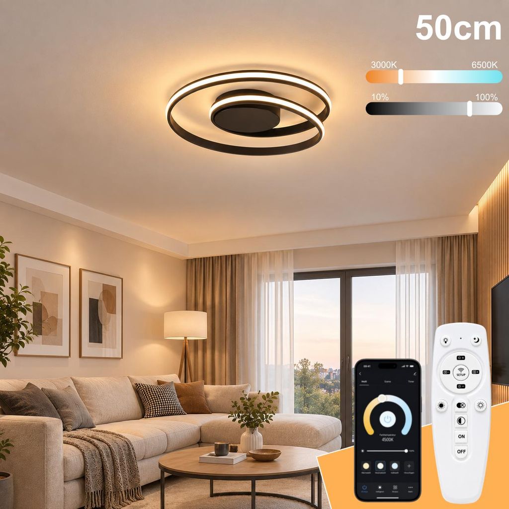 Slimme LED-plafondlamp, zwart, Ø 50 cm. Plafondlamp met app Productafbeelding 