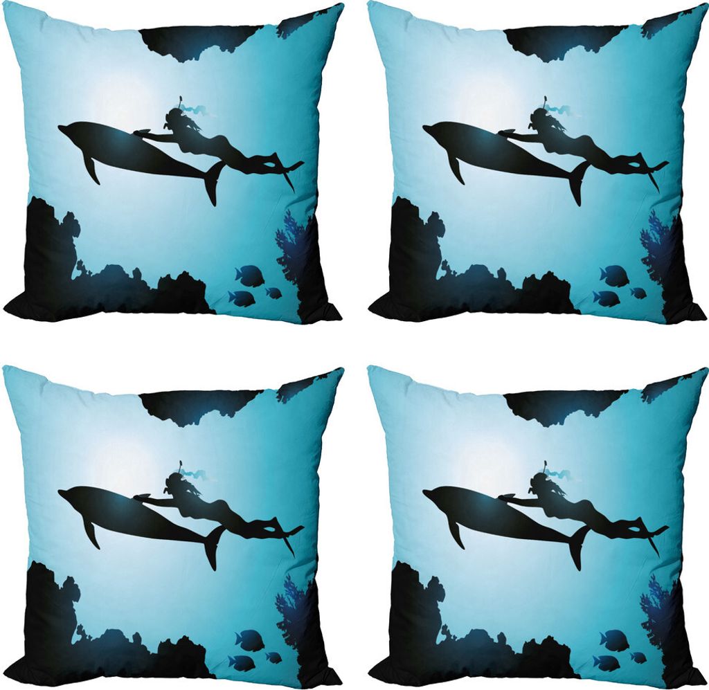 ABAKUHAUS Delfin Kissenbezug Set (4 Stück), Taucher Mädchen mit Dolphin, Moderner Doppelseitiger Digitaldruck, 40 cm x 40 cm, Blassblau Schwarz