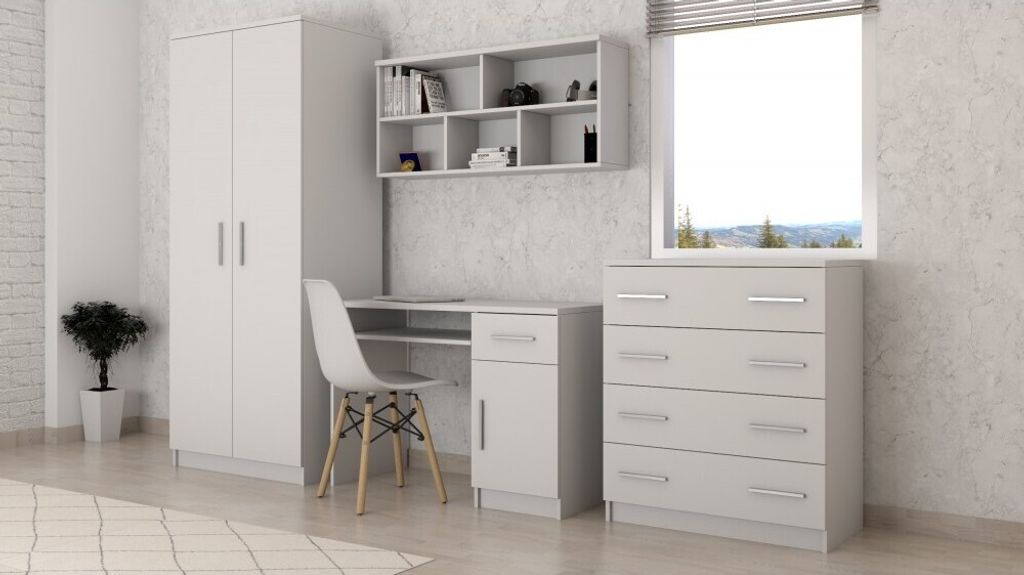 Jugendzimmer-Set 4-teilig Schrank Wandregal Kommode Schreibtisch Weiß/Weiß mit Alufarbiegen Griffen OMEGA I