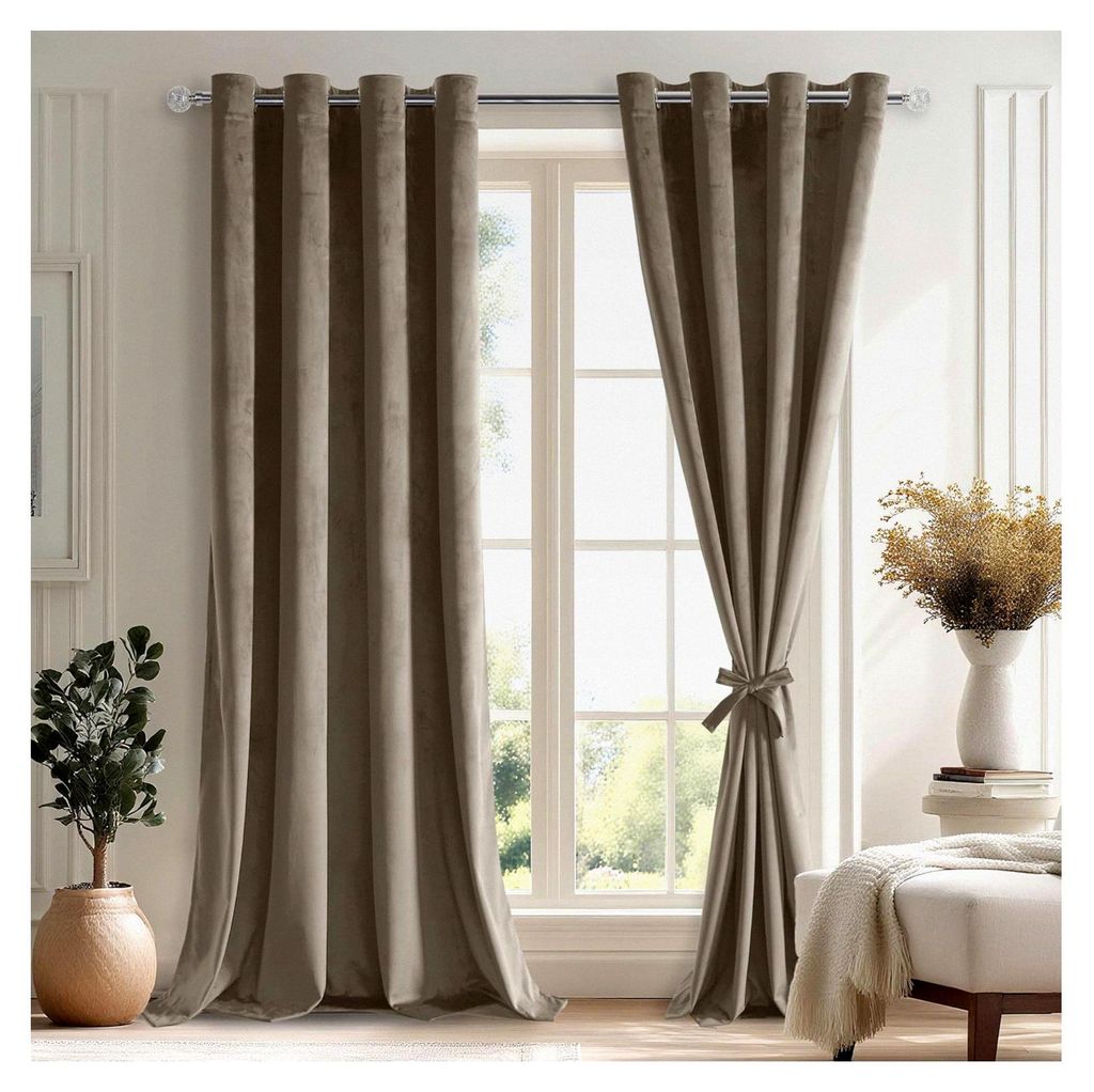 Taupe Samtvorhang Ösen 2er Set H245xB140cm mit Vorhang-Krawatten, blickdichte Samtvorhänge für Schlafzimmer und Wohnzimmer
