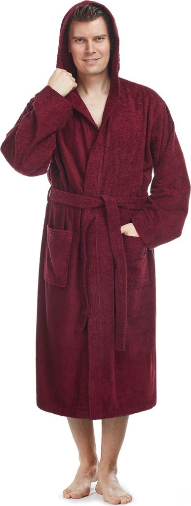 Arus Bademantel Pacific für Herren, wadenlang, Farbe:Bordeaux, Größe:L