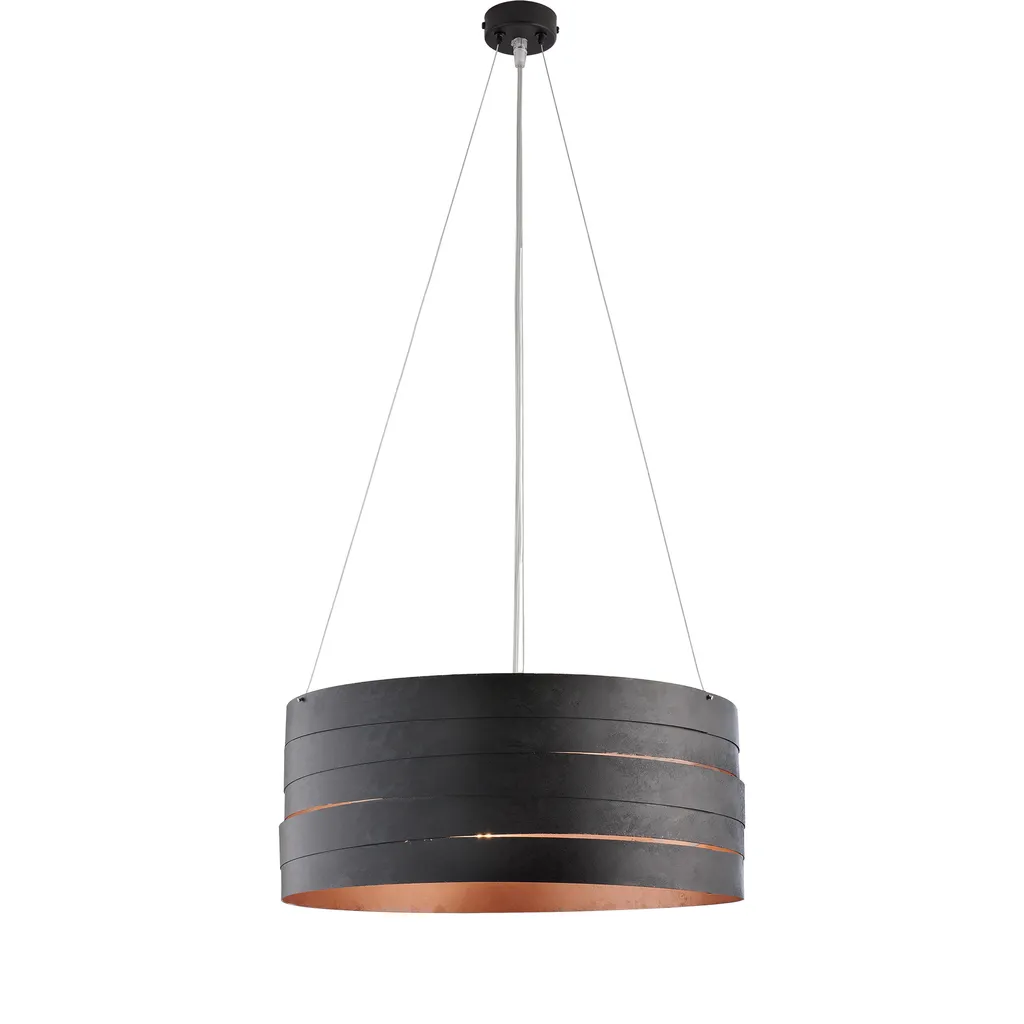 Mambo - Sospensione in ferro laccato nero con decoraz. esterna nera e decoraz. interna rame antico con cavi acciaio regolabili 3 luci 120 - Ø45
