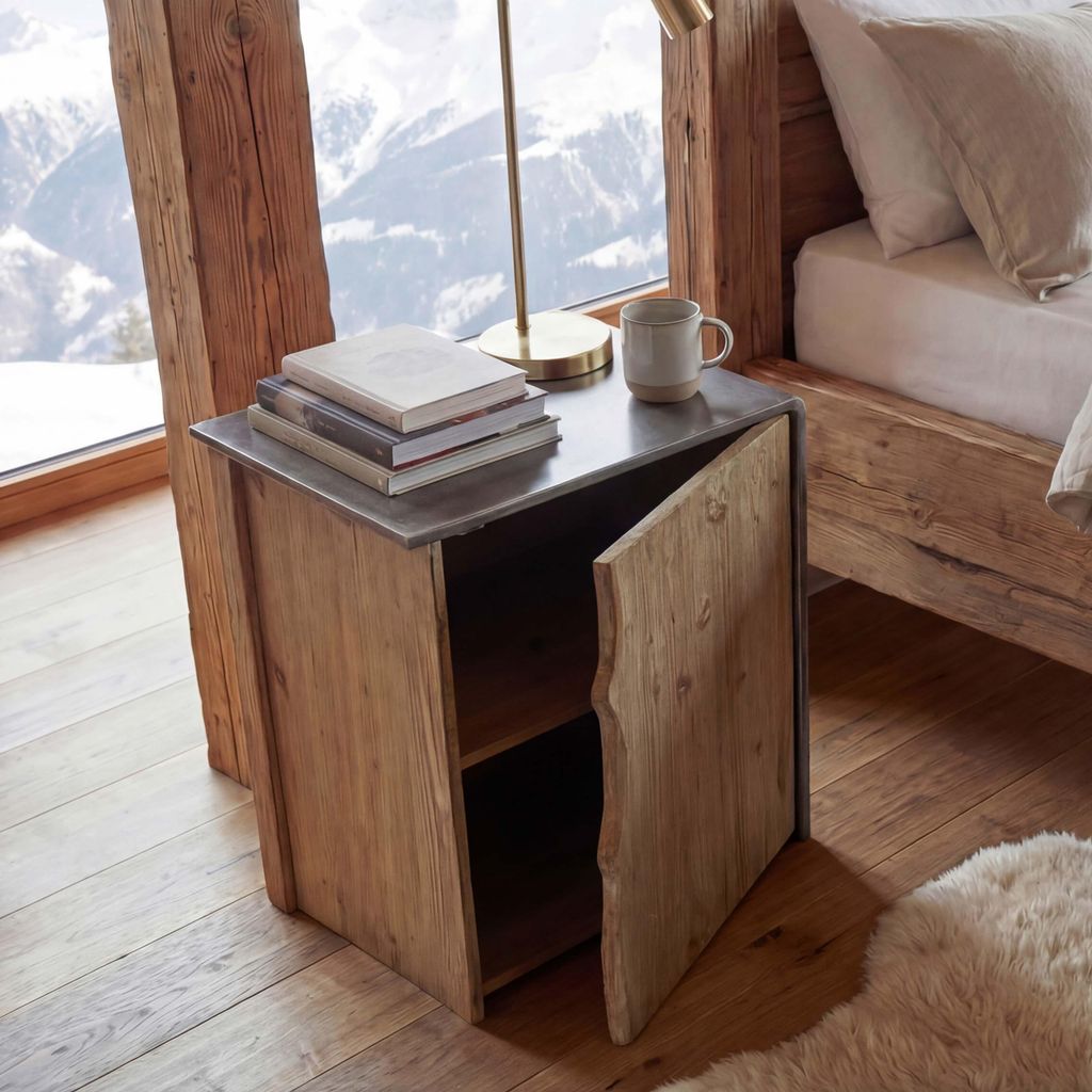 Beistelltisch HWC-L76, Kommode Nachttisch Schrank, Industrial Massiv-Holz MVG 60x50x40cm, natur mit Metall-Optik