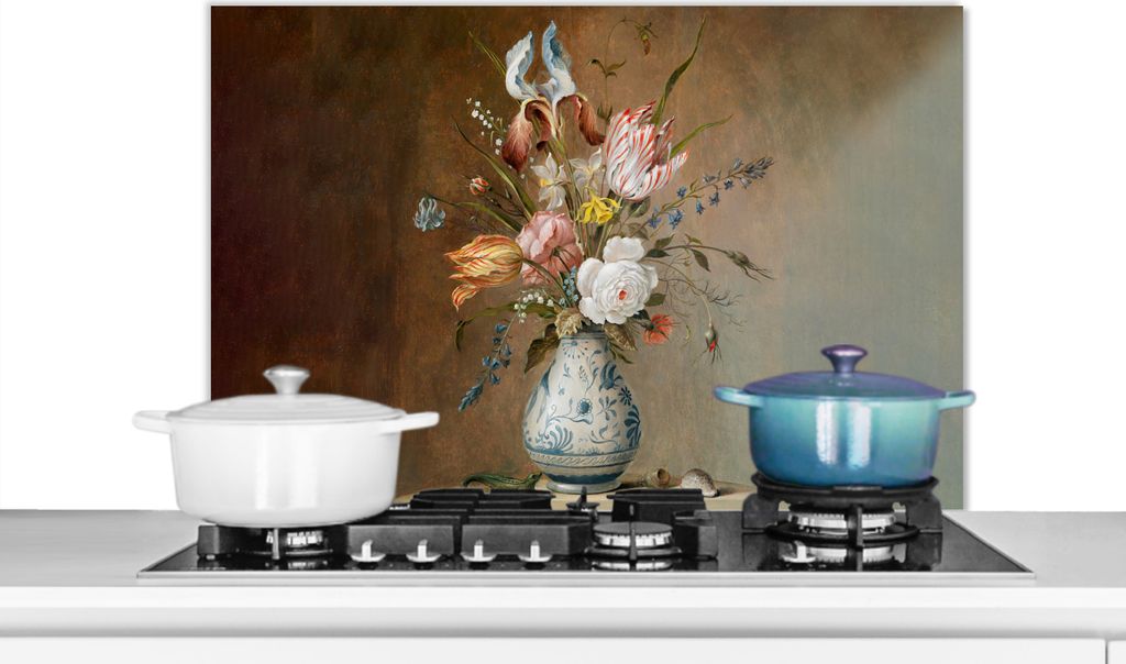 KitchenYeah Spritzschutz Küche - Küchenrückwand - Wandschutz für Herd und Spüle - Alte Meister - Blumen - Balthasar van der Ast 80x55 - Alu...