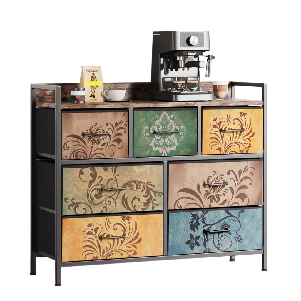 Mondeer Kommode Schubladenschrank mit 7 Blumenstoff Schubladen,mit Metallrahmen und Schubladen aus Vliesstoff, Retro-Stil 99x30x84cm