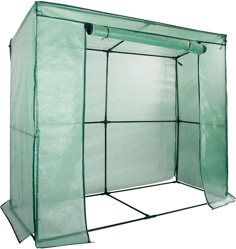 A green greenhouse structure with an open front.