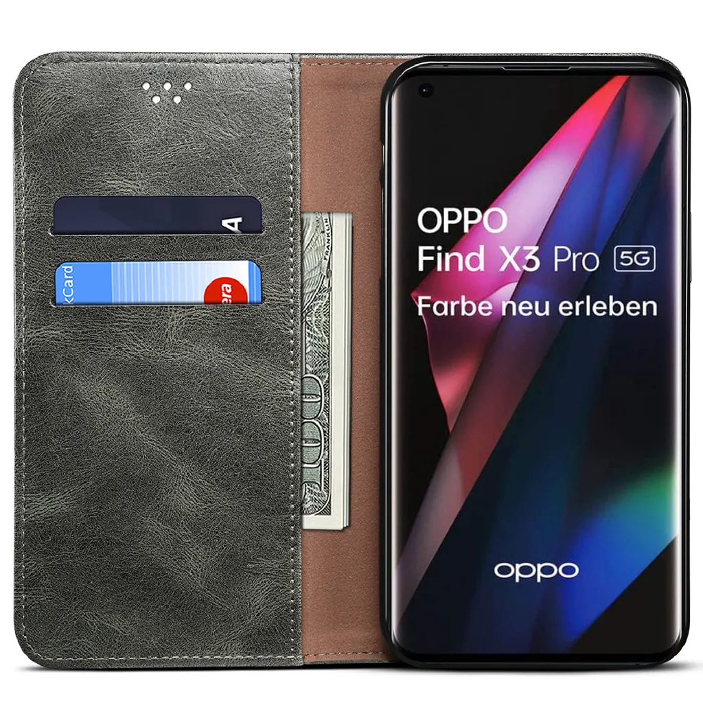 Custodia OPPO Find X3 / Pro: Cover Portafoglio Pelle Verde con Stand - 2