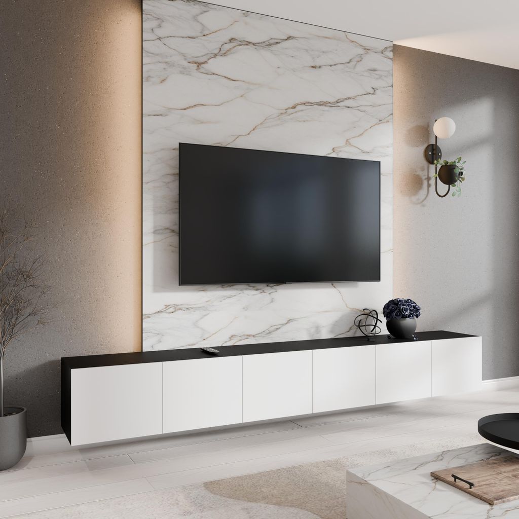 Moderner TV-Schrank 300 cm fürs Wohnzimmer LICO, 6-türiger TV-Schrank ohne Füße, Modischer Schrank mit Frontmuster mit geschlossenen Fächern, ...