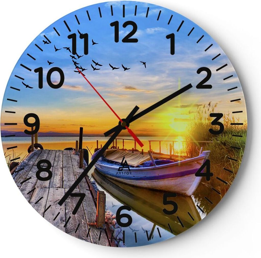 Wanduhr - Rund - Glasuhr - See Boot Wasser - 30x30cm - Schleichendes Uhrwerk - Lautlos - zum Aufhängen bereit - Dekoration Modern - Wanddekoration...