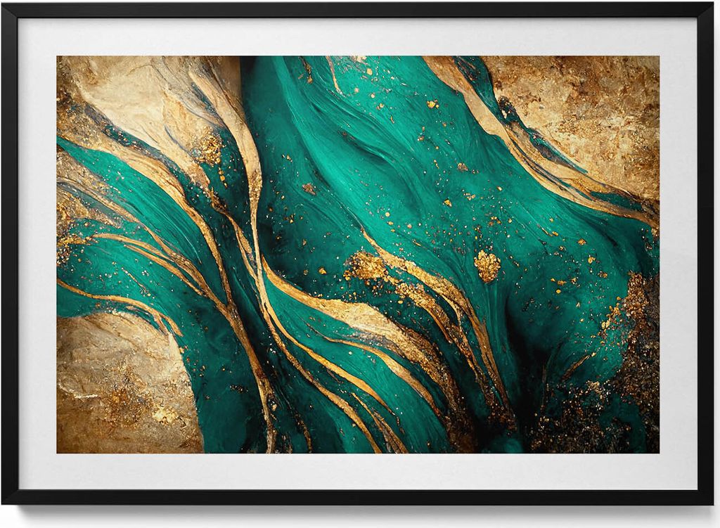 Abstrakte Kunst mit Gold– Wandbild mit Rahmen – Gerahmtes Bild – Wanddekoration – 100x70 cm – Schwarz Rahmen