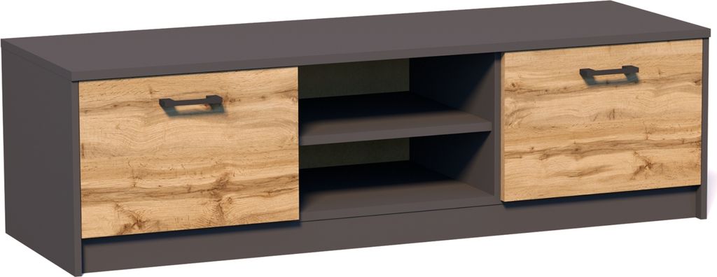 TV-Schrank 120cm breit Lowboard mit matter Oberfläche Fernsehtisch mit 2 Türen und 1 Regal, aus laminiertem Board graphit Eiche