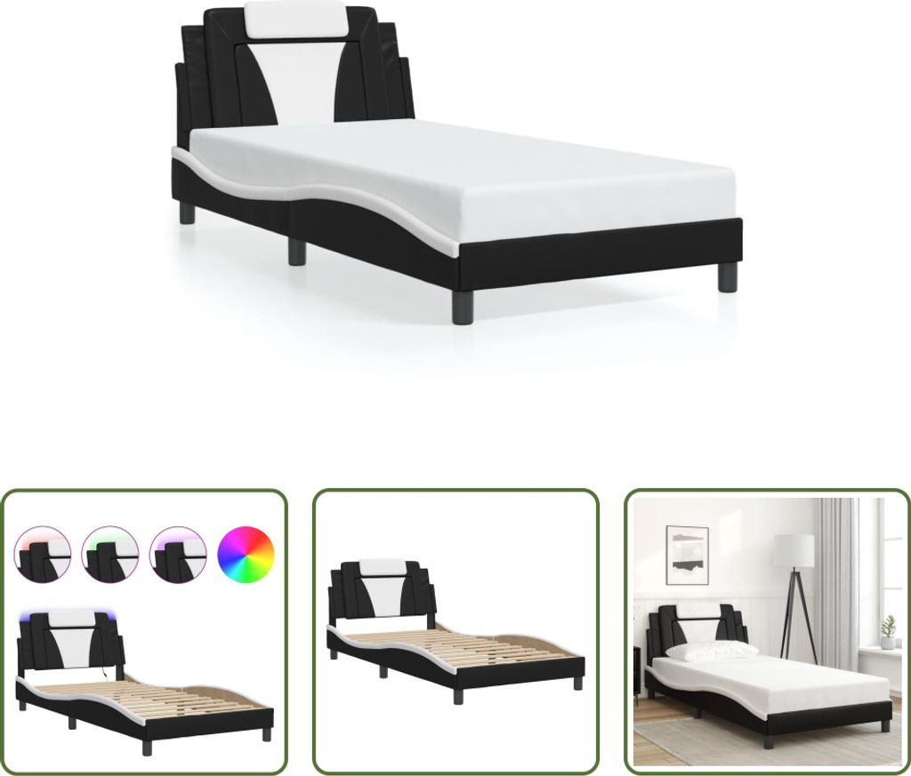 The Living Store Bettgestell mit LED Schwarz und Weiß 100x200 cm Kunstleder