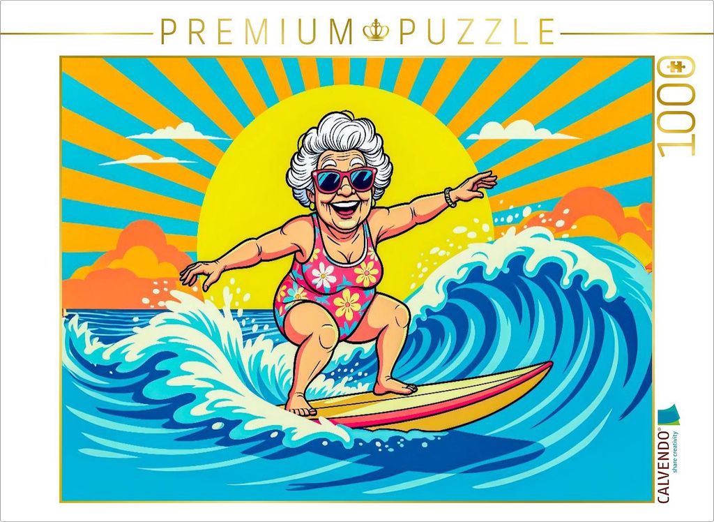 CALVENDO Puzzle Oma surft die Wellen im Meer | 1000 Teile Lege-Größe 64x48cm Foto-Puzzle für glückliche Stunden