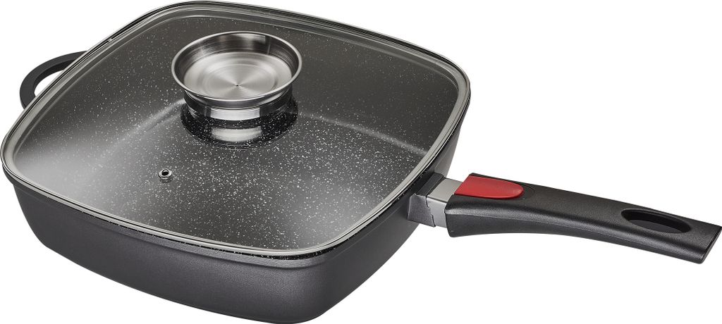 A square frying pan with a glass lid and a black handle with a red accent.