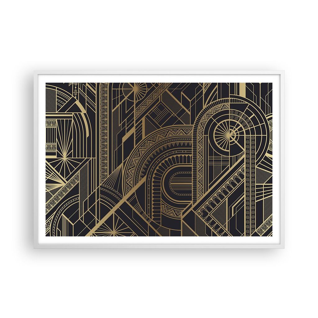 Gerahmtes Poster - Weißer Rahmen - Ornament Gold Schwarz - 100x70 cm - Wand Bild - Wanddeko - Wandbilder - Kunstposter - Wandposter - Bilderrahmen...