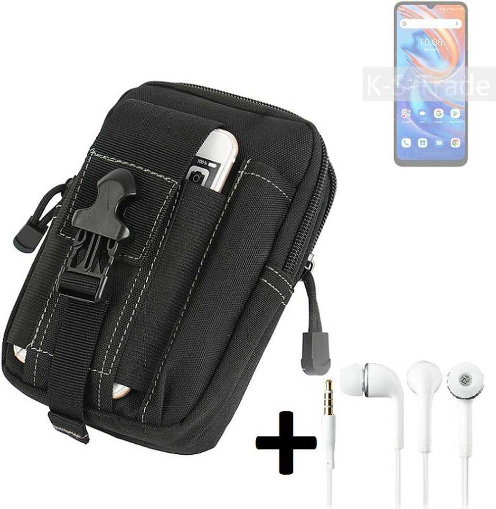 K-S-Trade Gürteltache + Kopfhörer kompatibel mit UMIDIGI A13S Gürtel Tasche Holster Schutz Hülle Handy Hülle schwarz inkl. Extrafächer