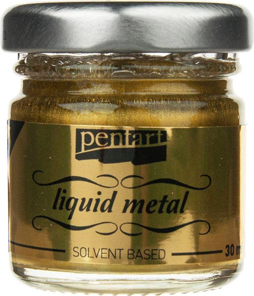 A close-up studio shot of a small jar of gold liquid metal paint with a silver lid.