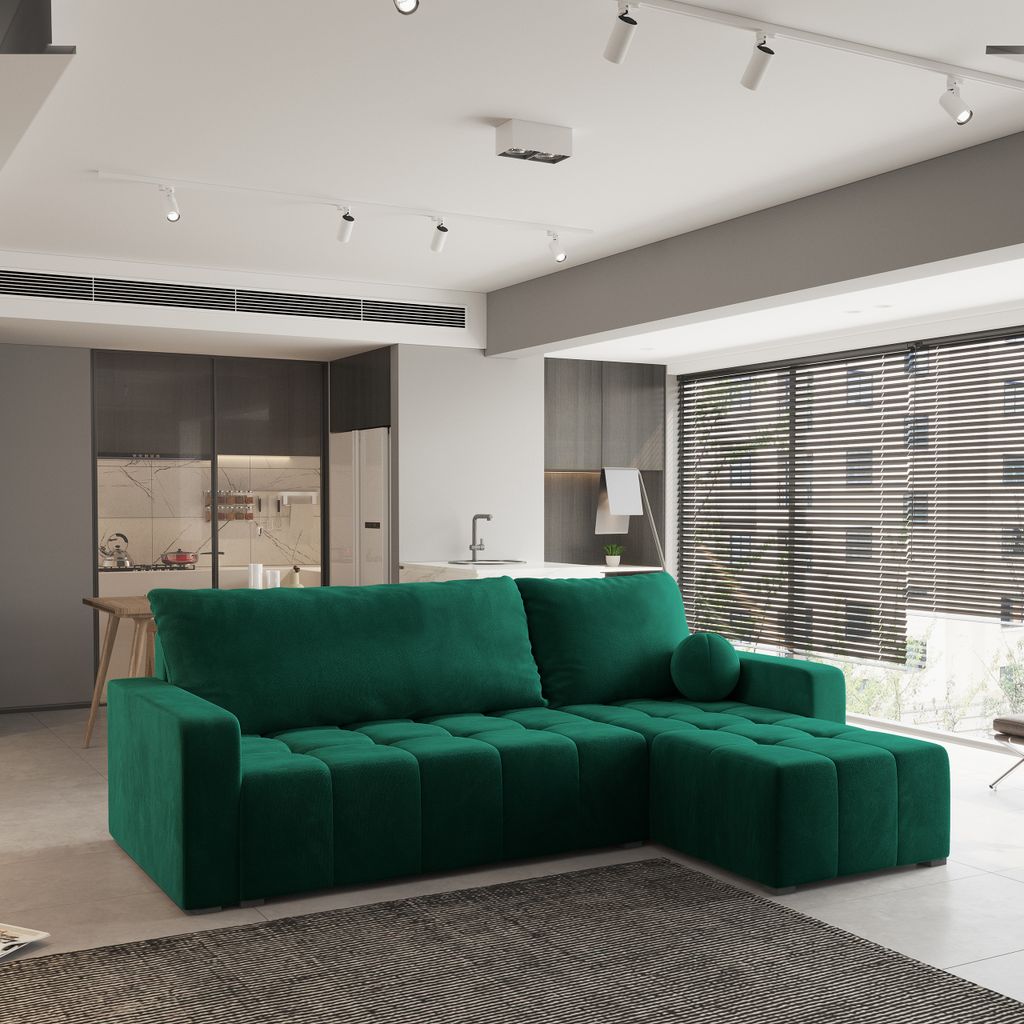 Masseno Ecksofa VOLIRA mit Schlaffunktion L-Form, Sofa mit Bettkasten, Wohnzimmersofa, Couch, Soffa, Bettsofa, Couchgarnitur- Grün, KRONOS 19