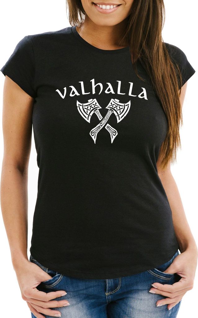 Damen T-Shirt Valhalla Viking Axt Nordische Mythologie Odin Fashion Streetstyle Slim Fit Neverless schwarz XS