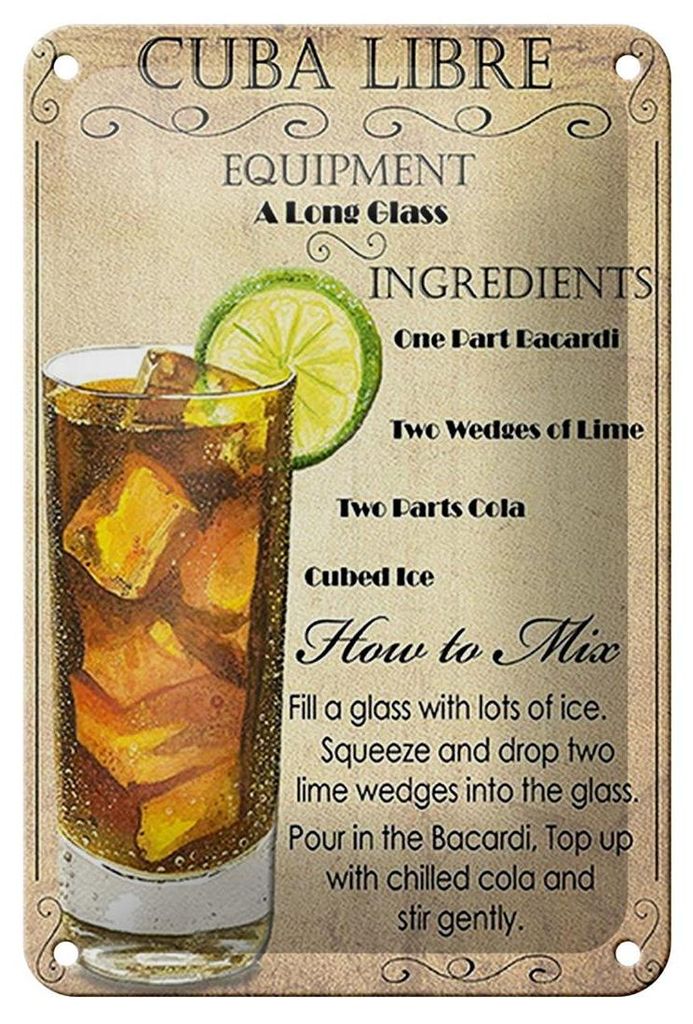 Blechschild Alkohol 12x18cm Cuba Libre Equipment ingredient
